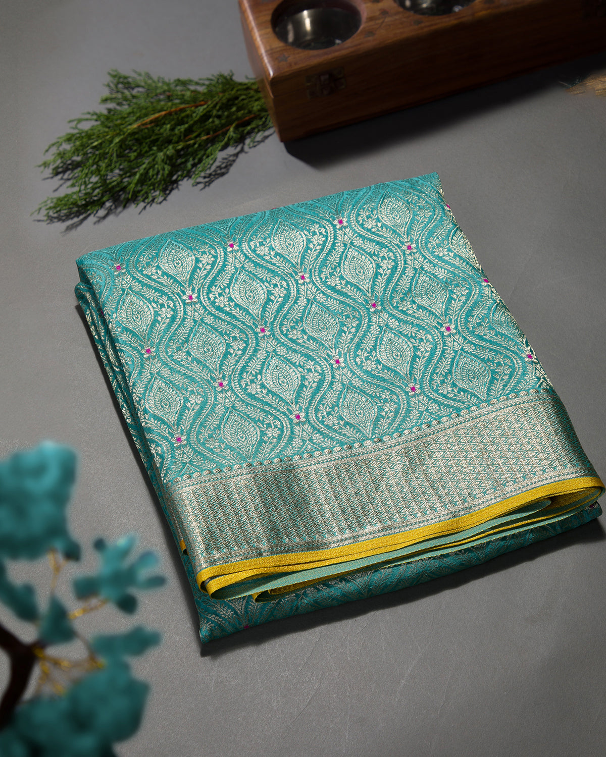 Meenakari Jaal - Firozi Mysore Crepe Silk Saree