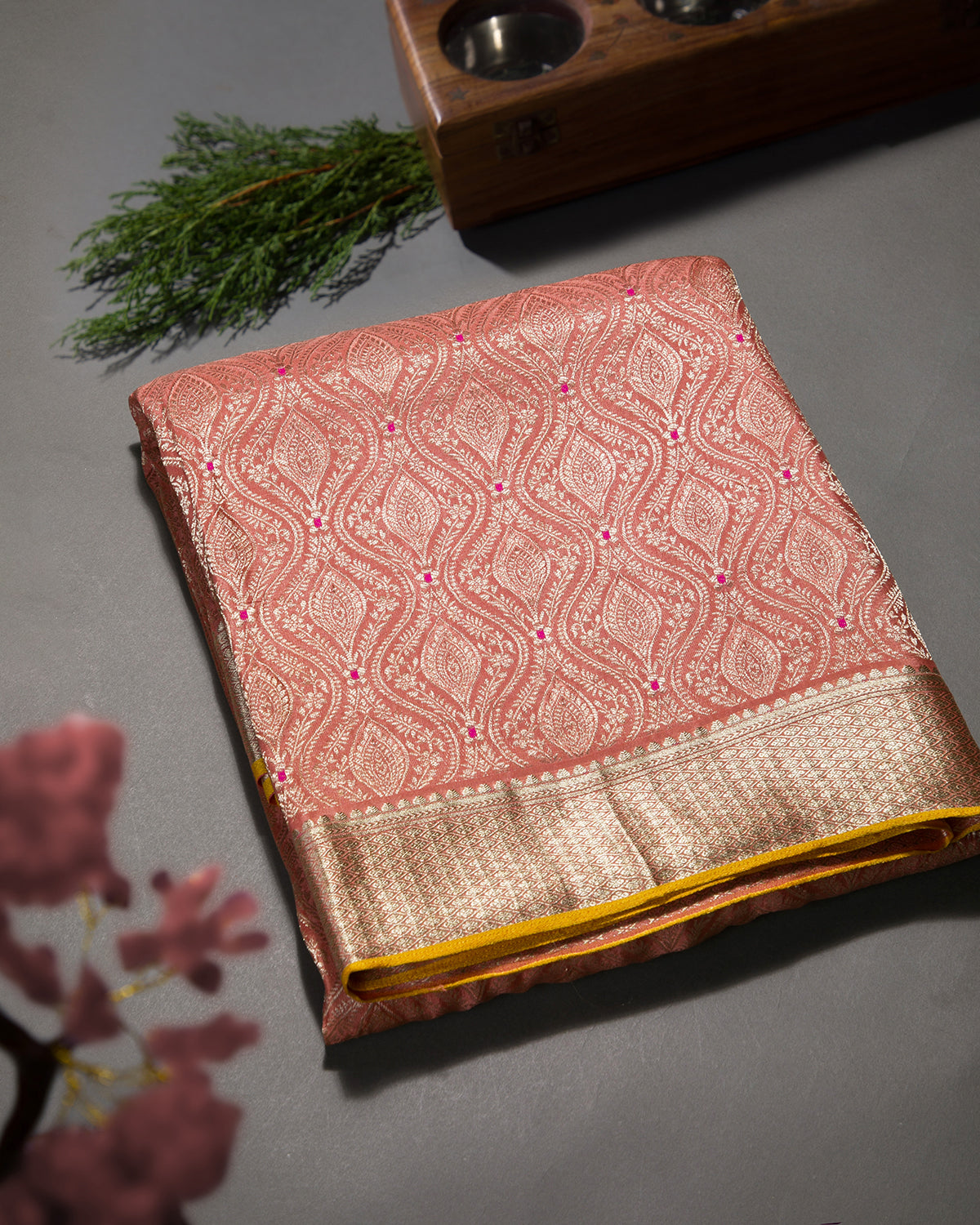 Meenakari Jaal - Peach Mysore Crepe Silk Saree