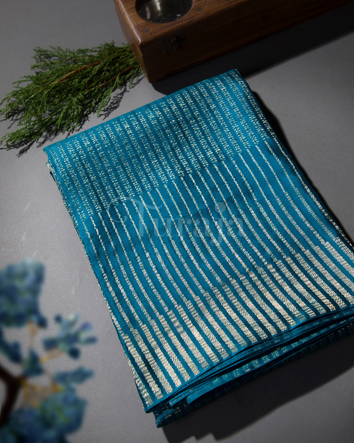 Stripes Saga: Rama Blue Mysore Crepe Silk Saree