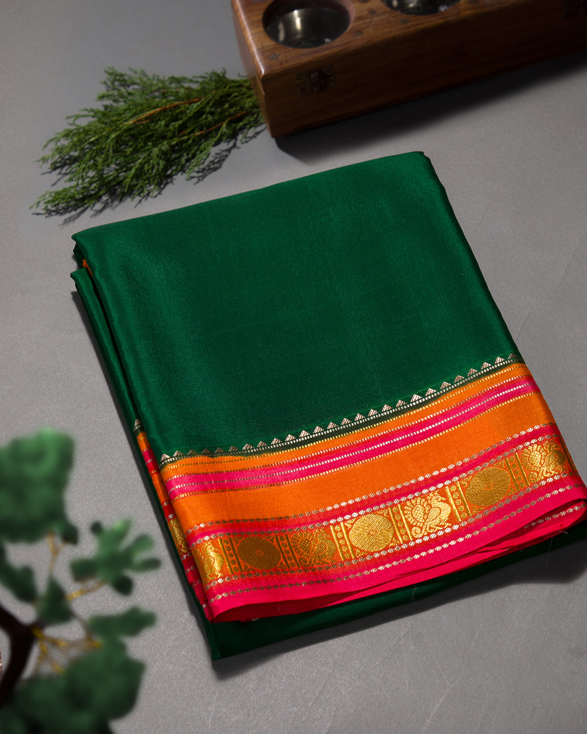 Rangkart - Bottle Green and Red Mysore Crepe Silk Saree