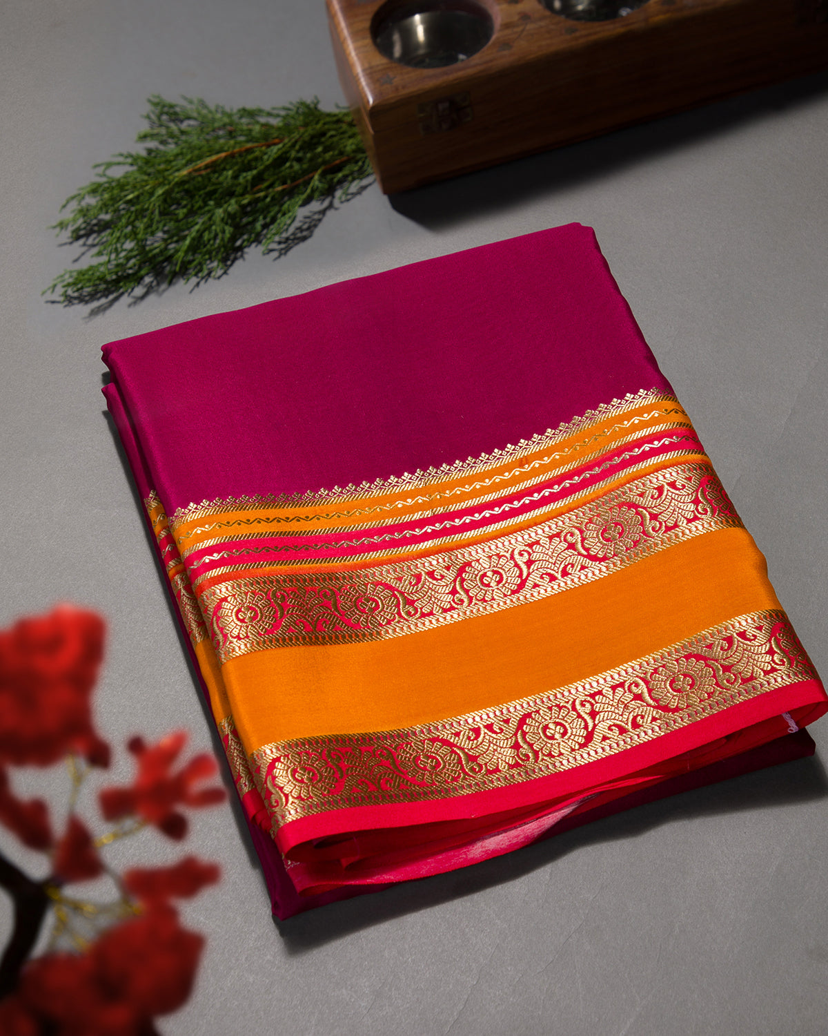 Royal Dye - Maroon and Orange Mysore Crepe Silk Saree