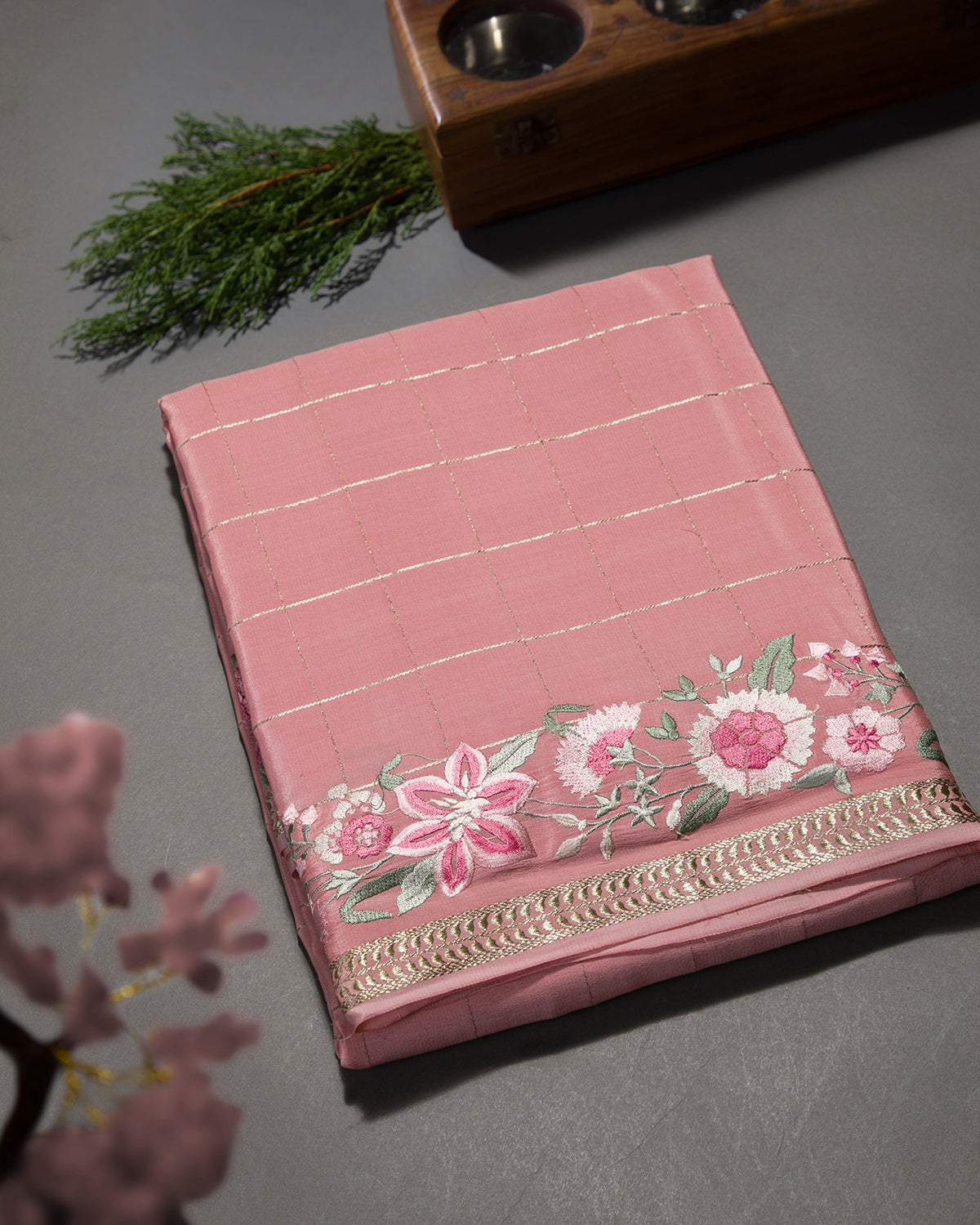 Floral Trace - Peach Mysore Crepe Silk Saree
