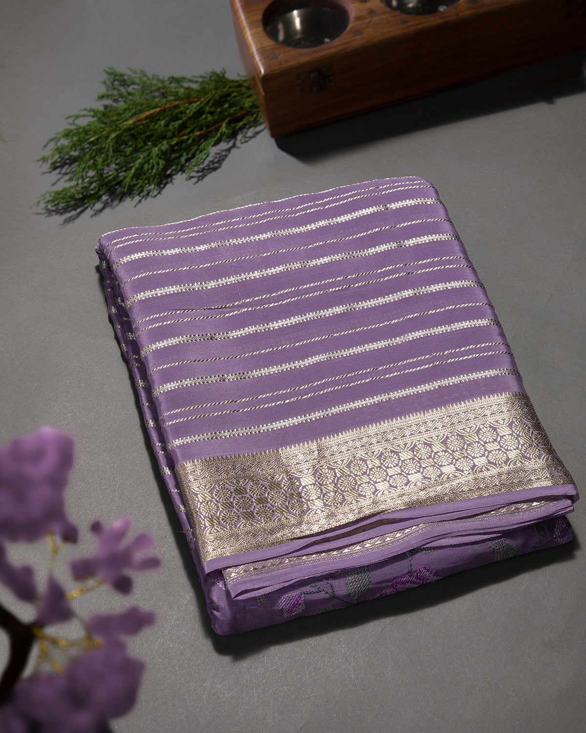 Floral Ari - Lavender Mysore Crepe Silk Saree