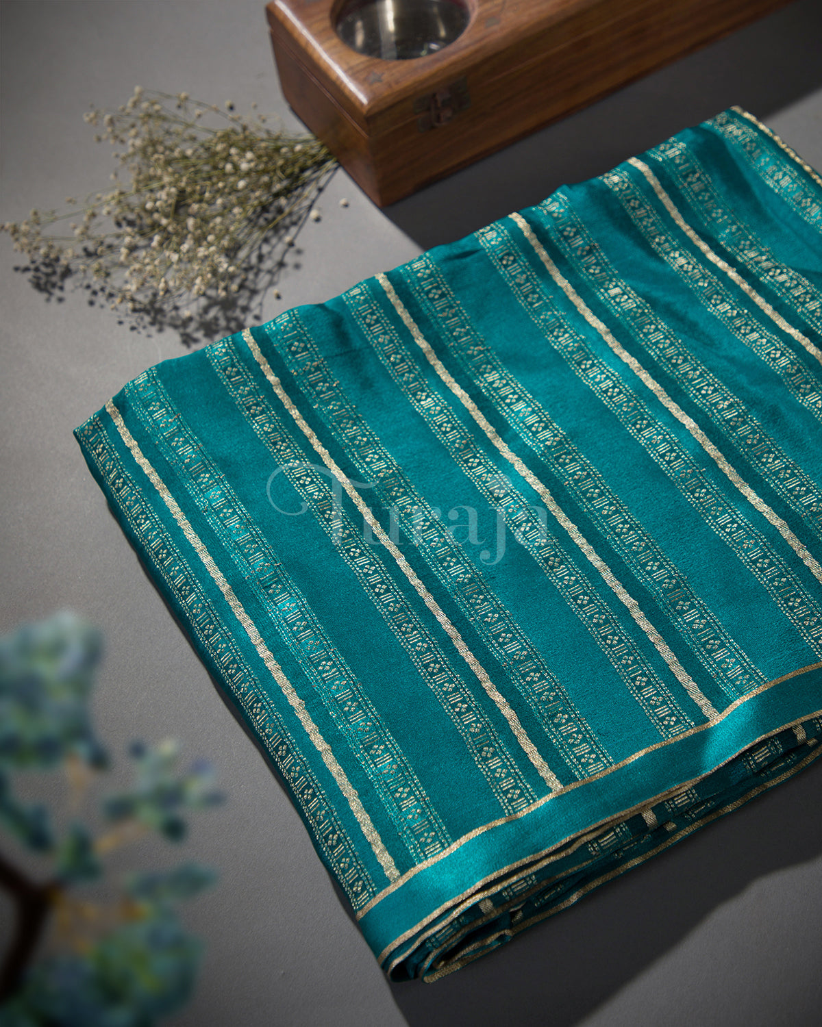 Stripes & Satin: Rama Blue Mysore Crepe Silk Saree - view1