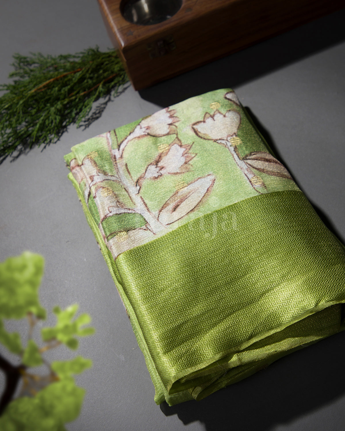 Whispering Bloom: Lime Green Mysore Crepe Silk Saree