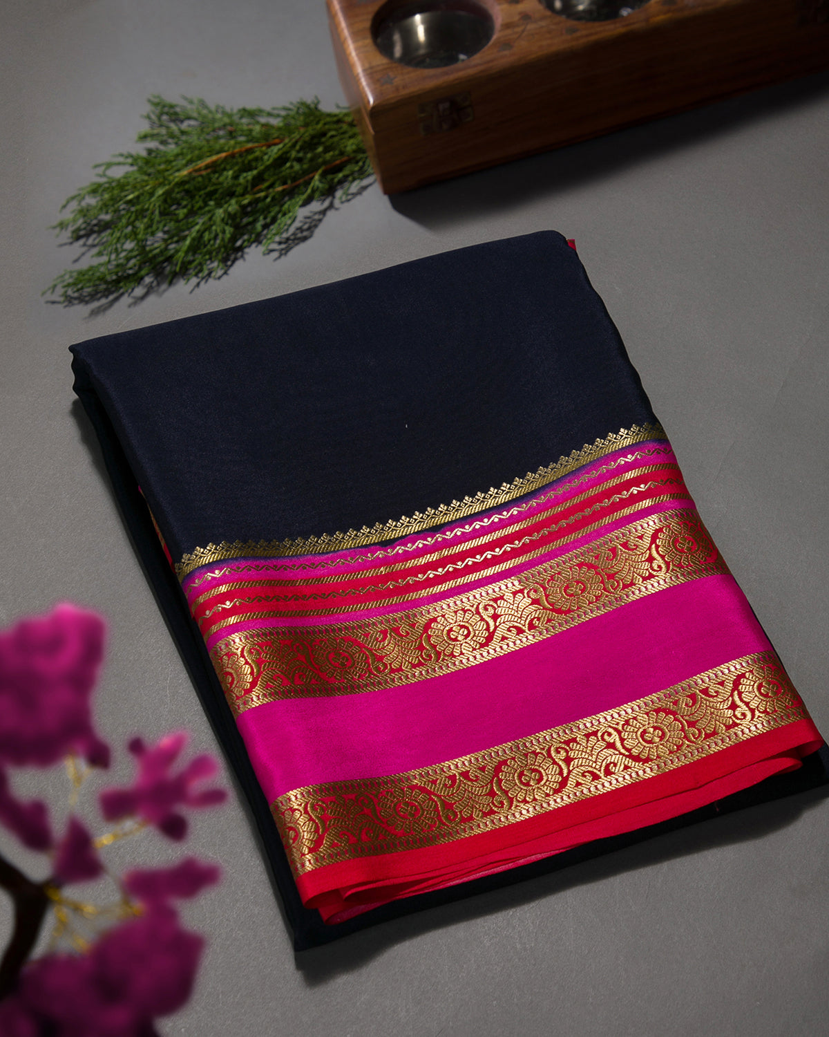 Royal Dye - Navy Blue and Rani Pink Mysore Crepe Silk Saree