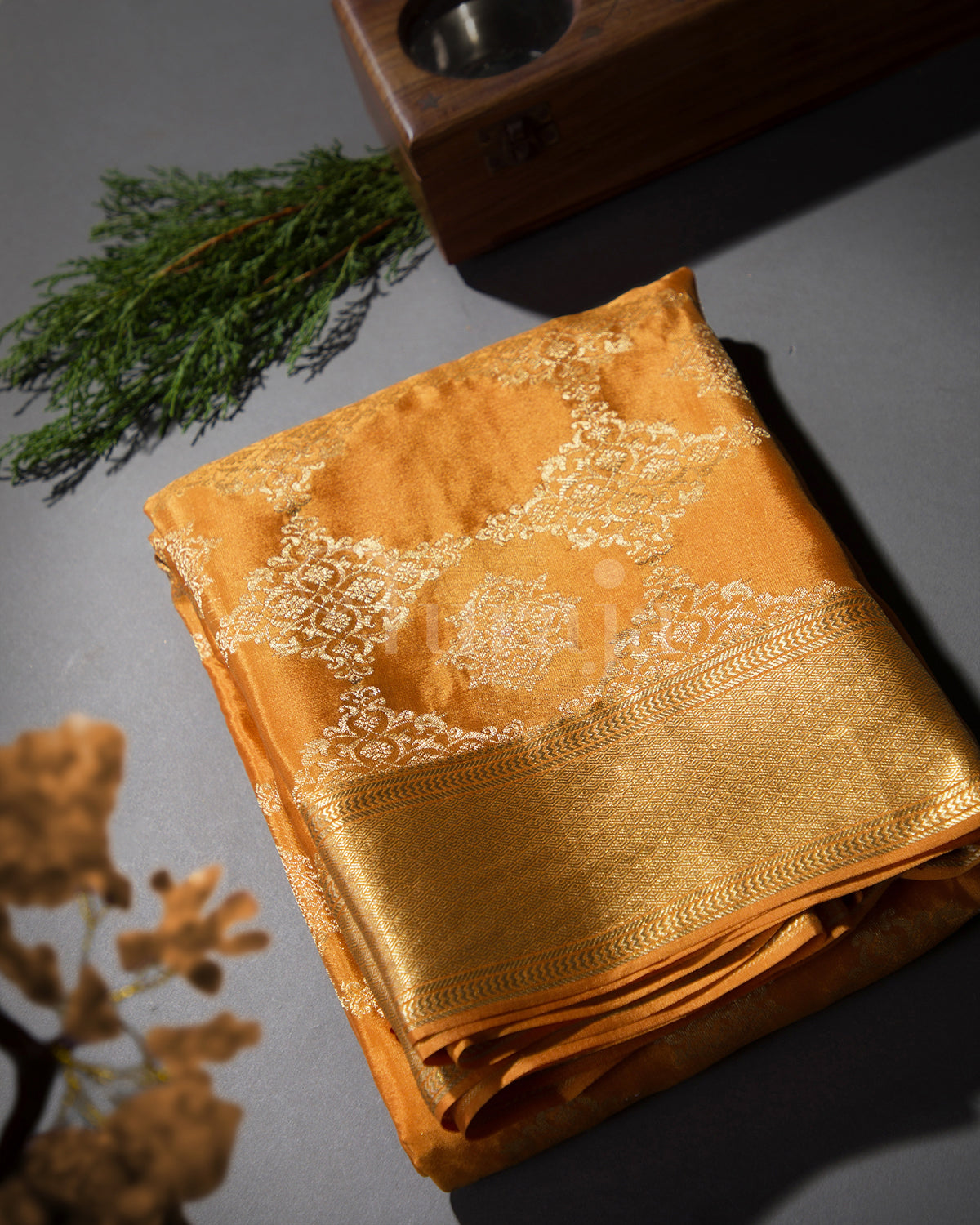 Phoolkari Jaal Brocade: Rust Orange Mysore Crepe Silk Saree