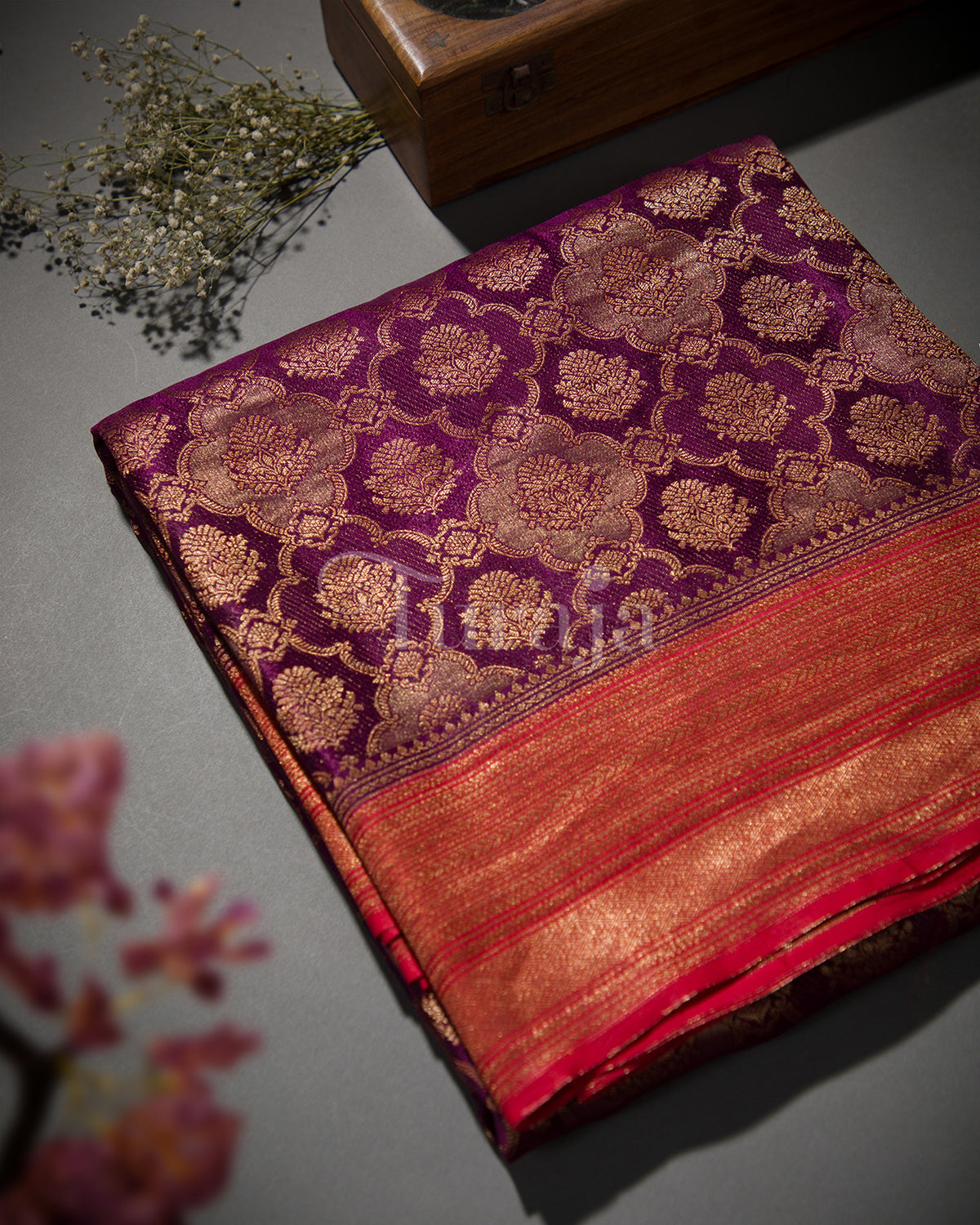 Dual Tone Brocade Contrast: Wine & Red Mysore Crepe Silk Saree-view1