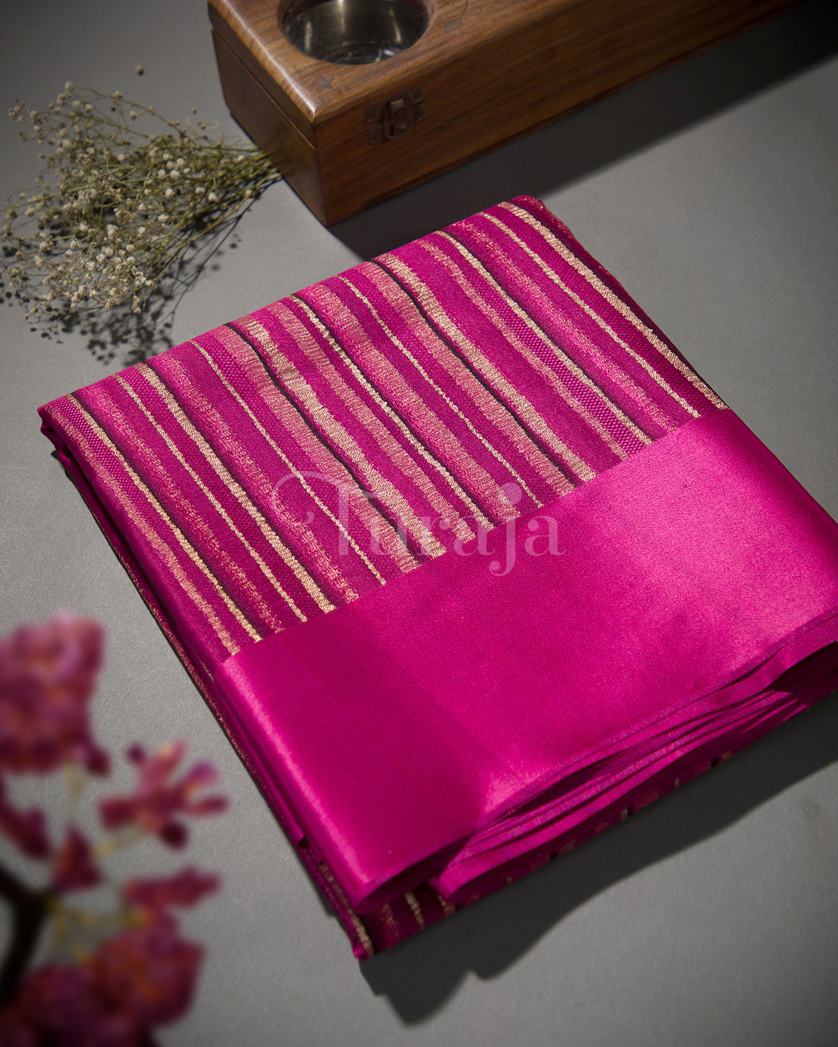 Timeless Stripes: Wine Mysore Crepe Silk Saree