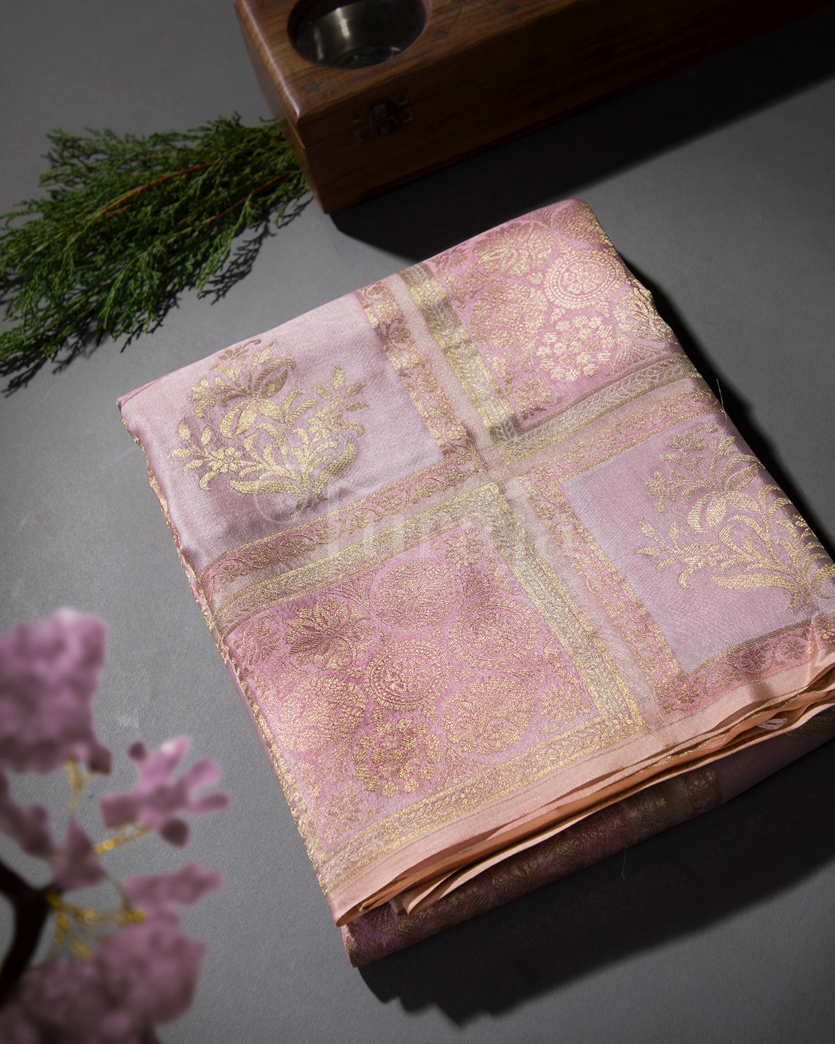 Floral Garden: Powder Pink Mysore Crepe Silk Saree