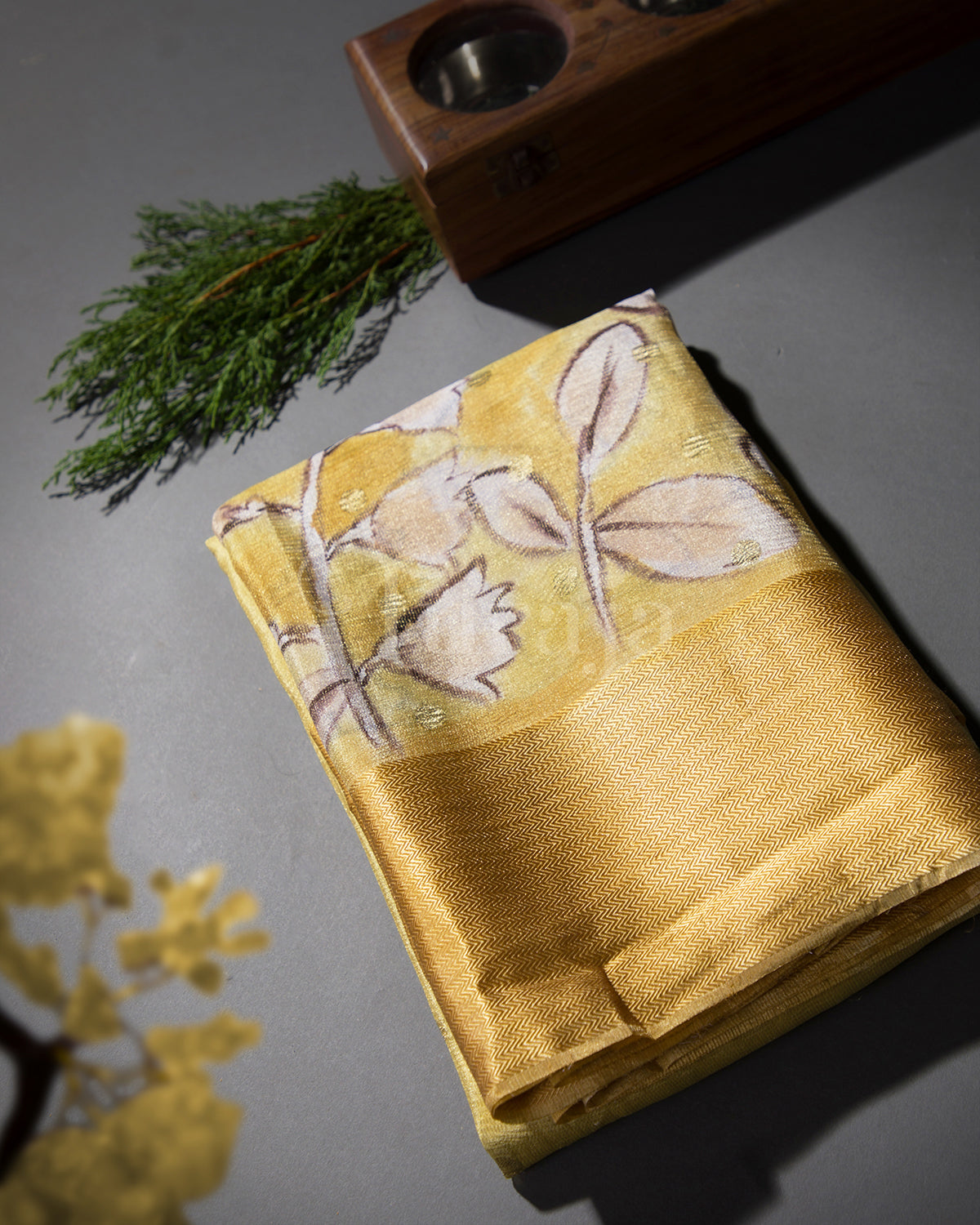 Whispering Bloom: Yellow Mysore Crepe Silk Saree