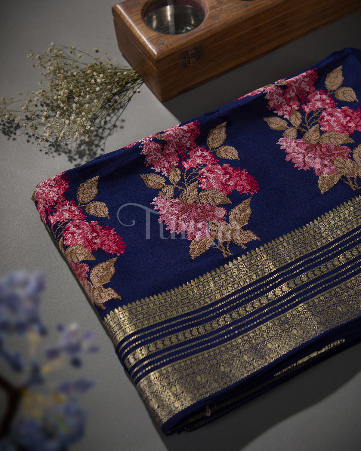 Cherry Blossom: Navy Blue Mysore Crepe Silk Saree