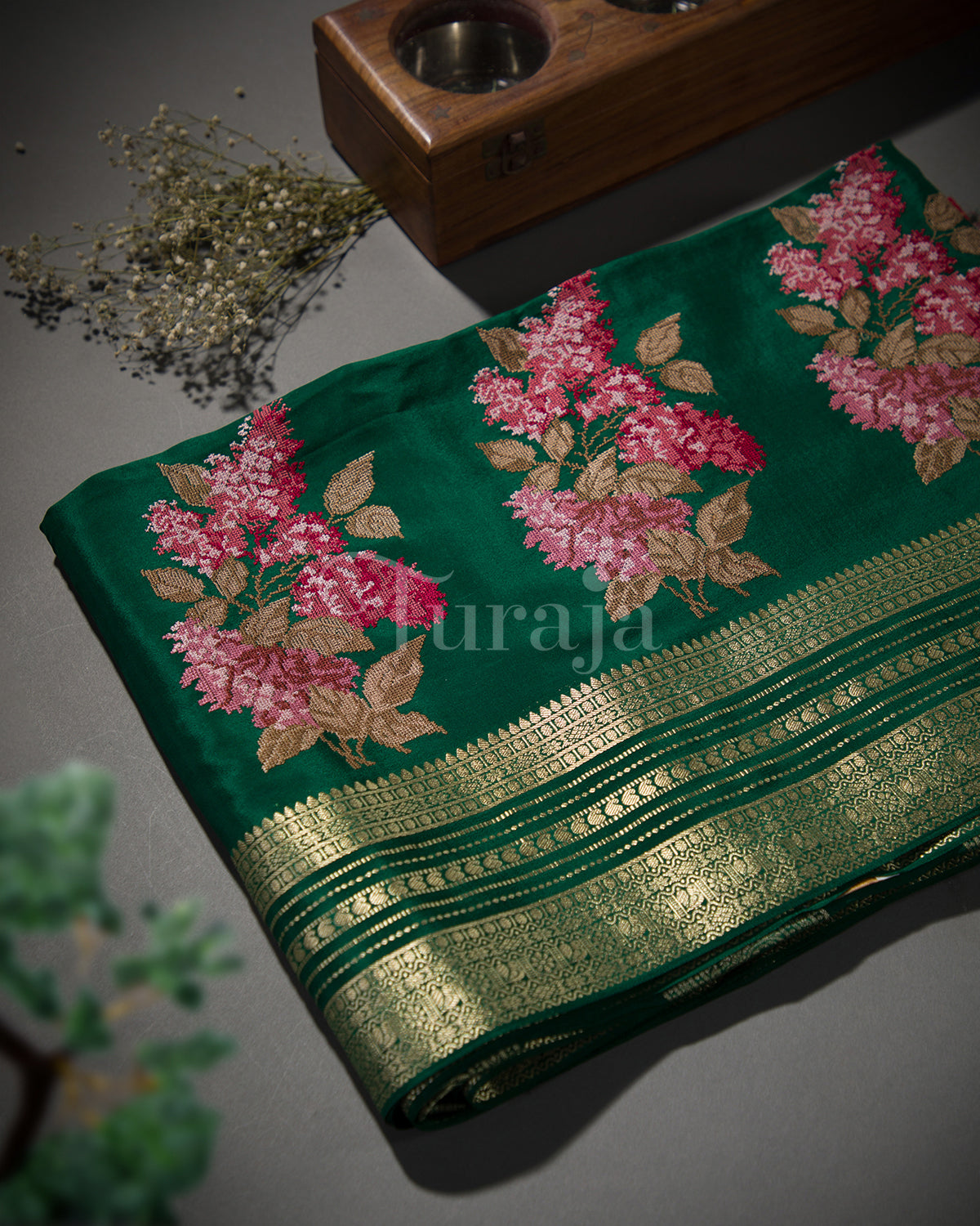 Cherry Blossom: Bottle Green Mysore Crepe Silk Saree