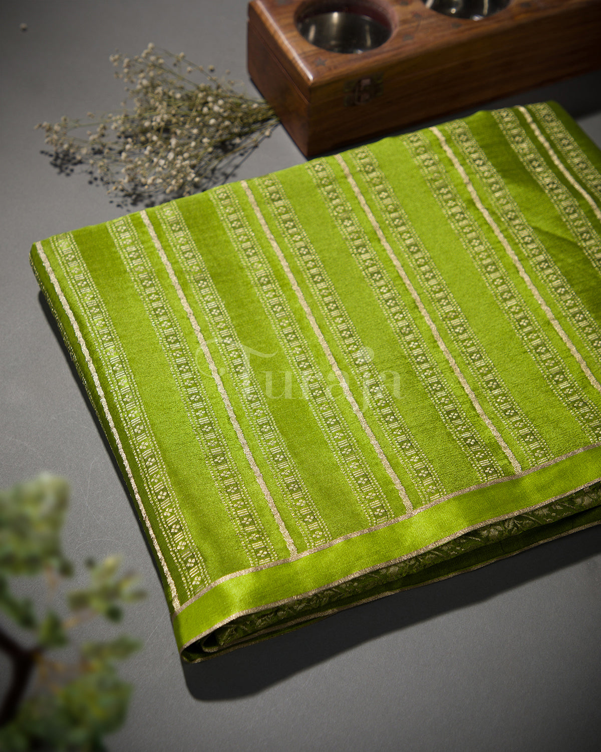Stripes & Satin: Mehendi Green Mysore Crepe Silk Saree-view1