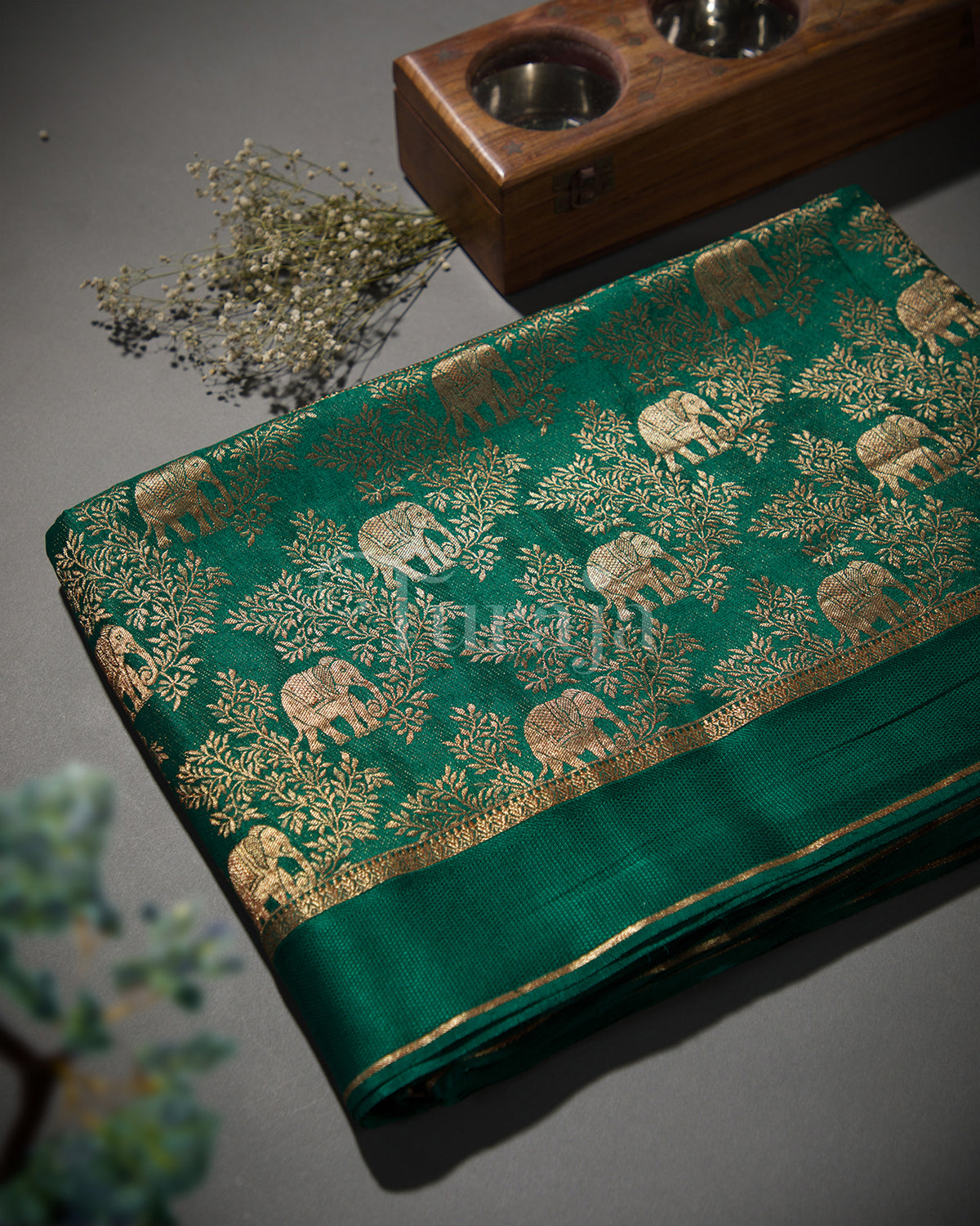 Gaja Brocade: Bottle Green Mysore Crepe Silk Saree