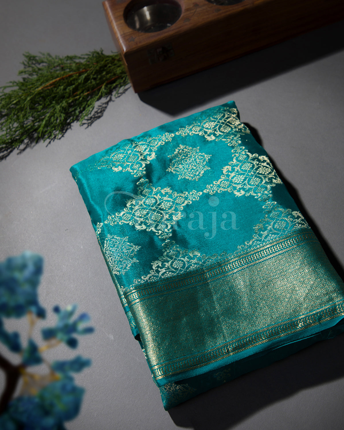 Phoolkari Jaal Brocade: Rama Blue Mysore Crepe Silk Saree