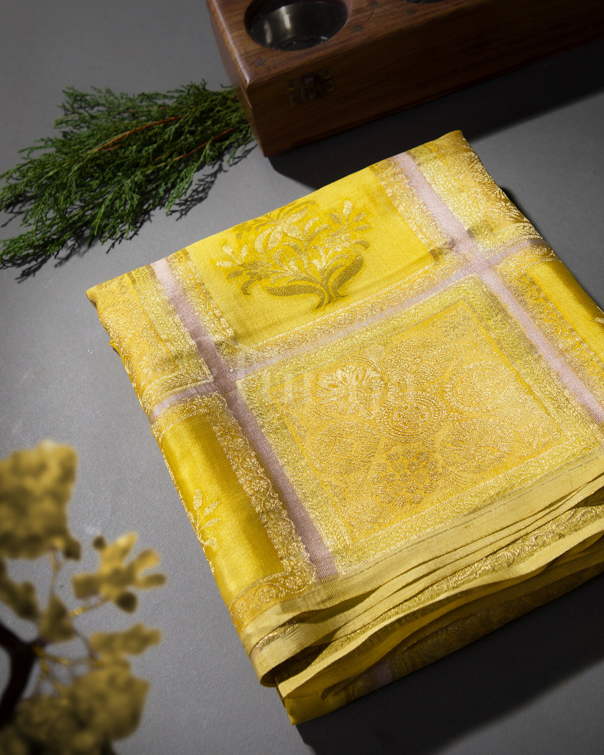 Floral Garden: Yellow Mysore Crepe Silk Saree