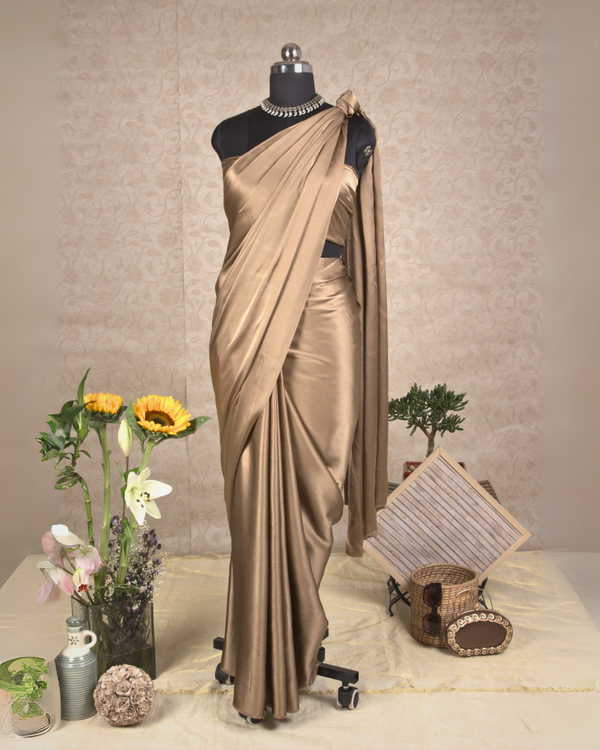 PLAIN SATIN SAREE - CHAMPAGNE