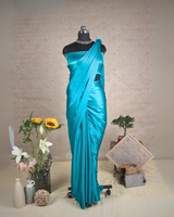 PLAIN SATIN SAREE - OCEAN BLUE