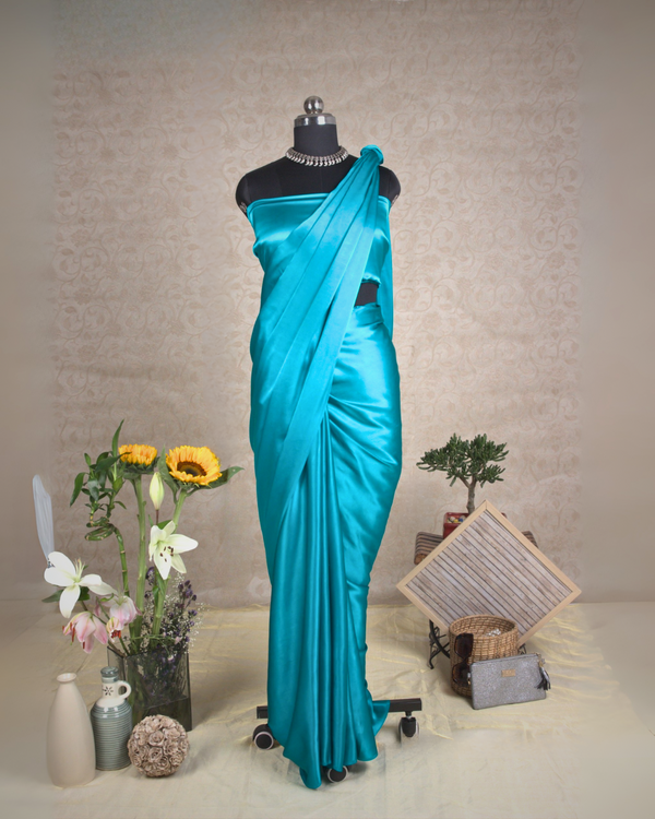 PLAIN SATIN SAREE - OCEAN BLUE