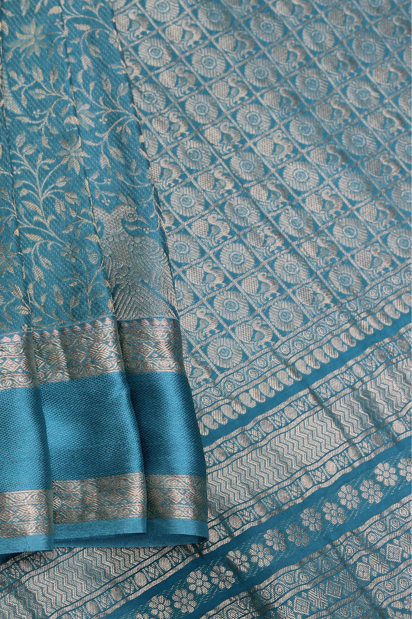 Brocade Peacock: Sky Blue Mysore Crepe Silk Saree