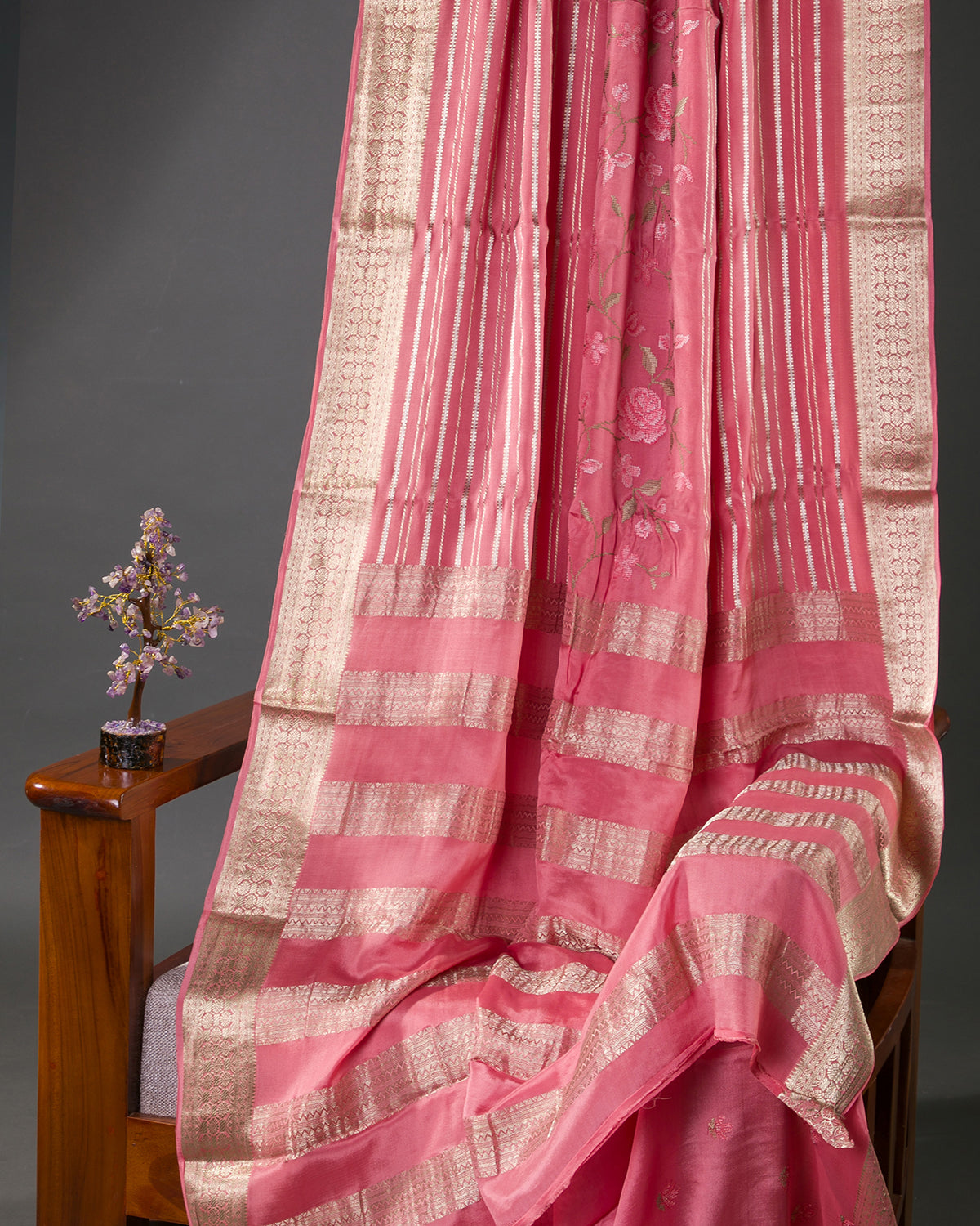 Floral Ari - Gajri Pink Mysore Crepe Silk Saree