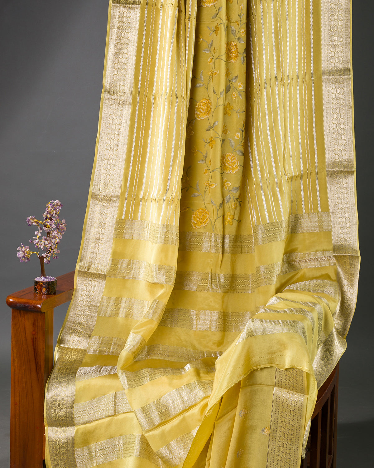 Floral Ari - Mustard Yellow Mysore Crepe Silk Saree