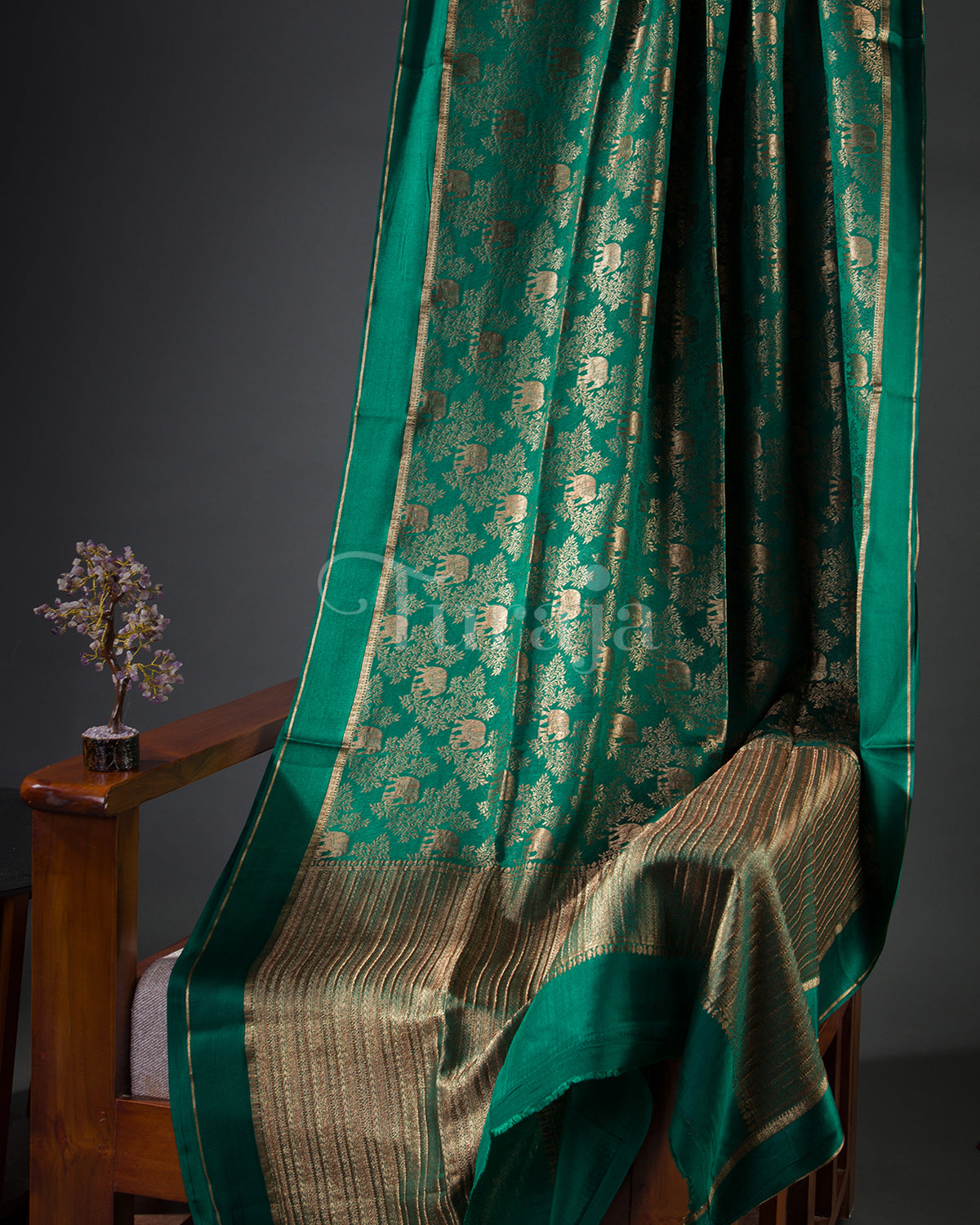 Gaja Brocade: Bottle Green Mysore Crepe Silk Saree