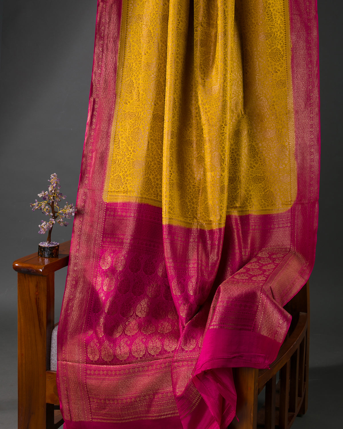 Gulbarga - Yellow and Rani Pink Mysore Crepe Silk Saree