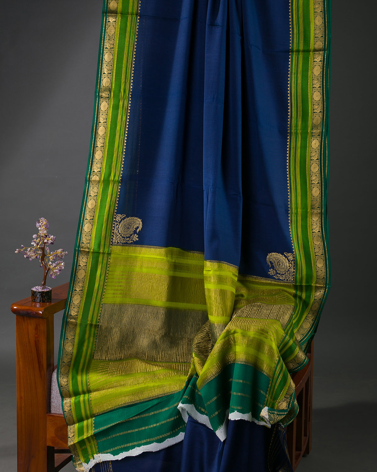 Rangkart - Navy Blue and Bottle Green Mysore Crepe Silk Saree