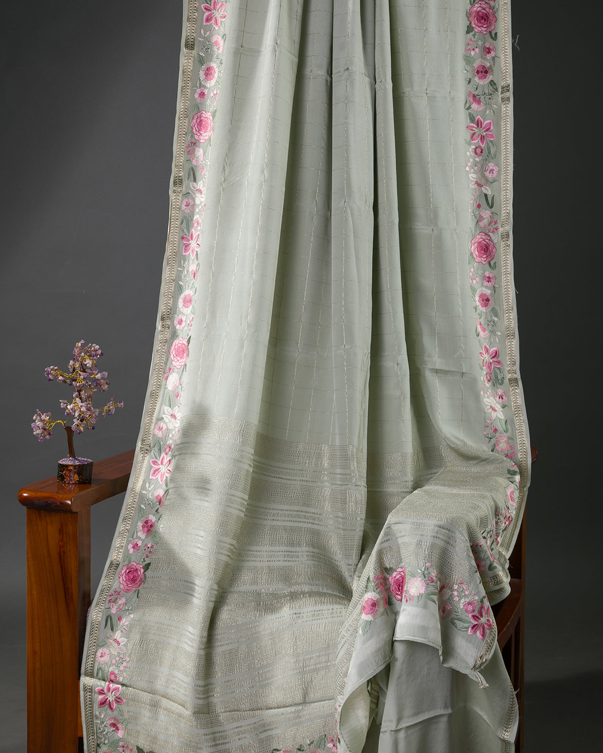 Floral Trace - Grey Mysore Crepe Silk Saree