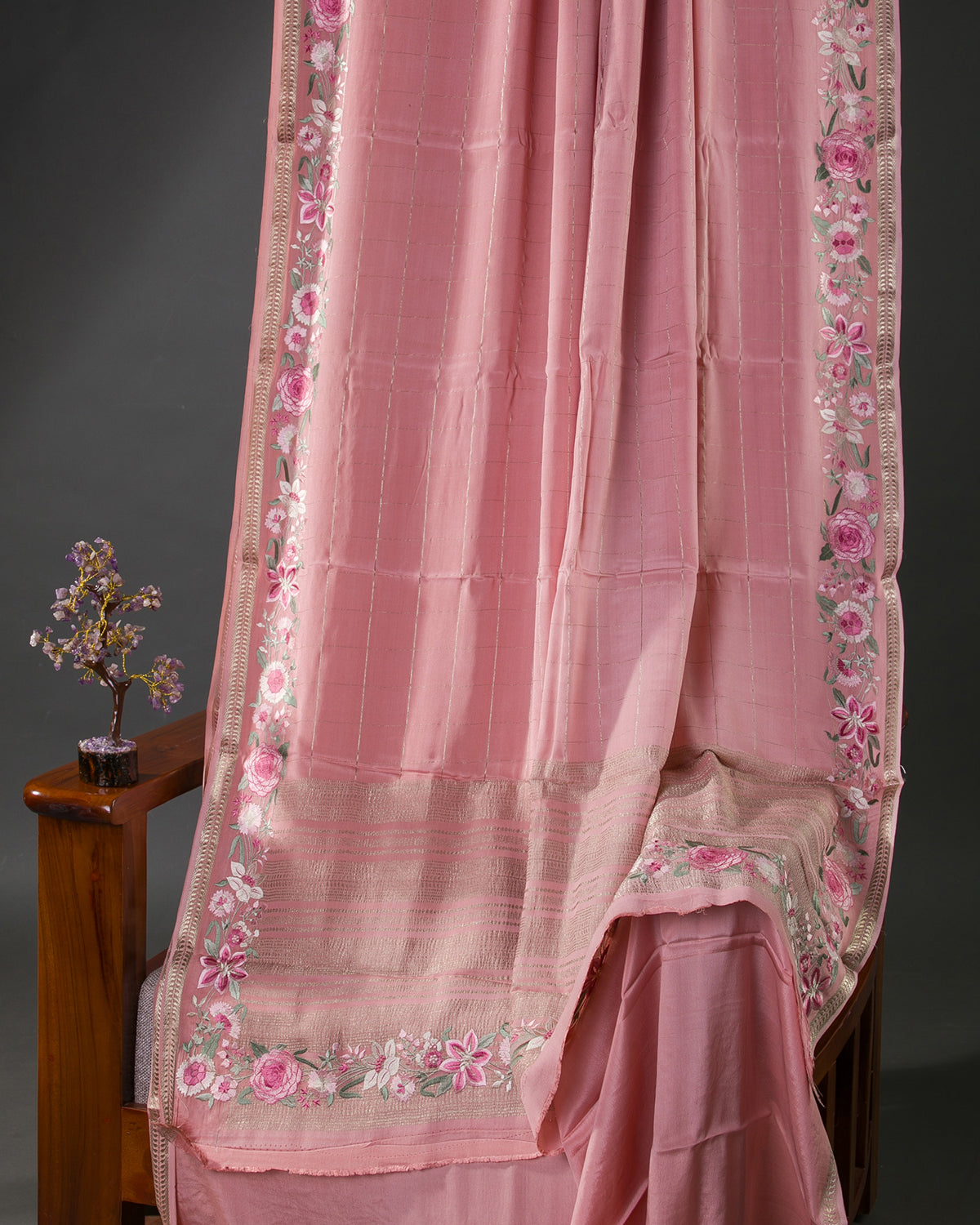 Floral Trace - Peach Mysore Crepe Silk Saree