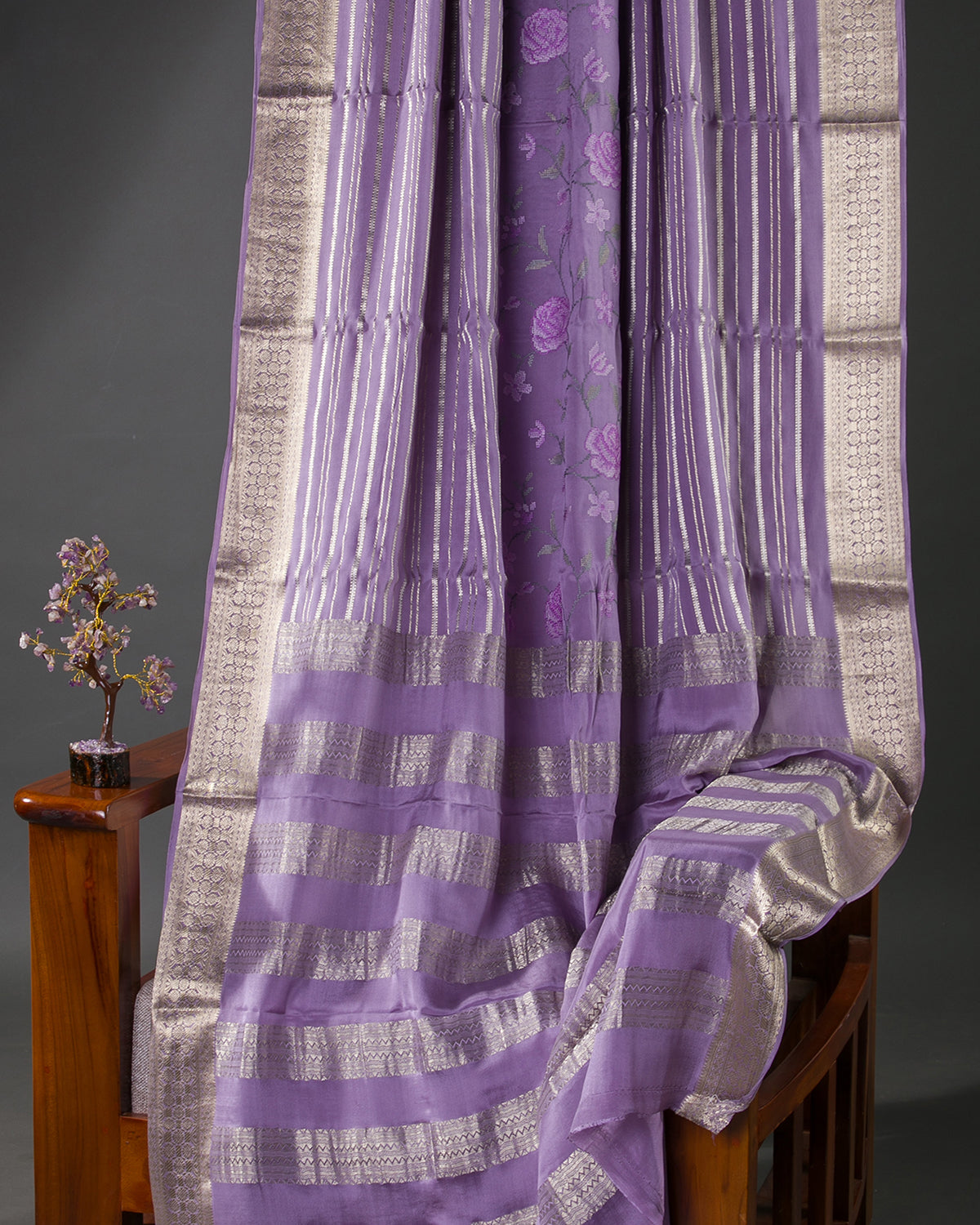 Floral Ari - Lavender Mysore Crepe Silk Saree