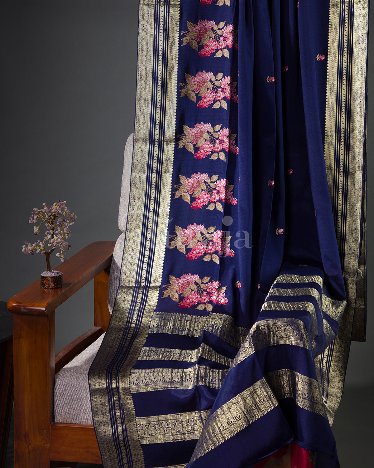 Cherry Blossom: Navy Blue Mysore Crepe Silk Saree
