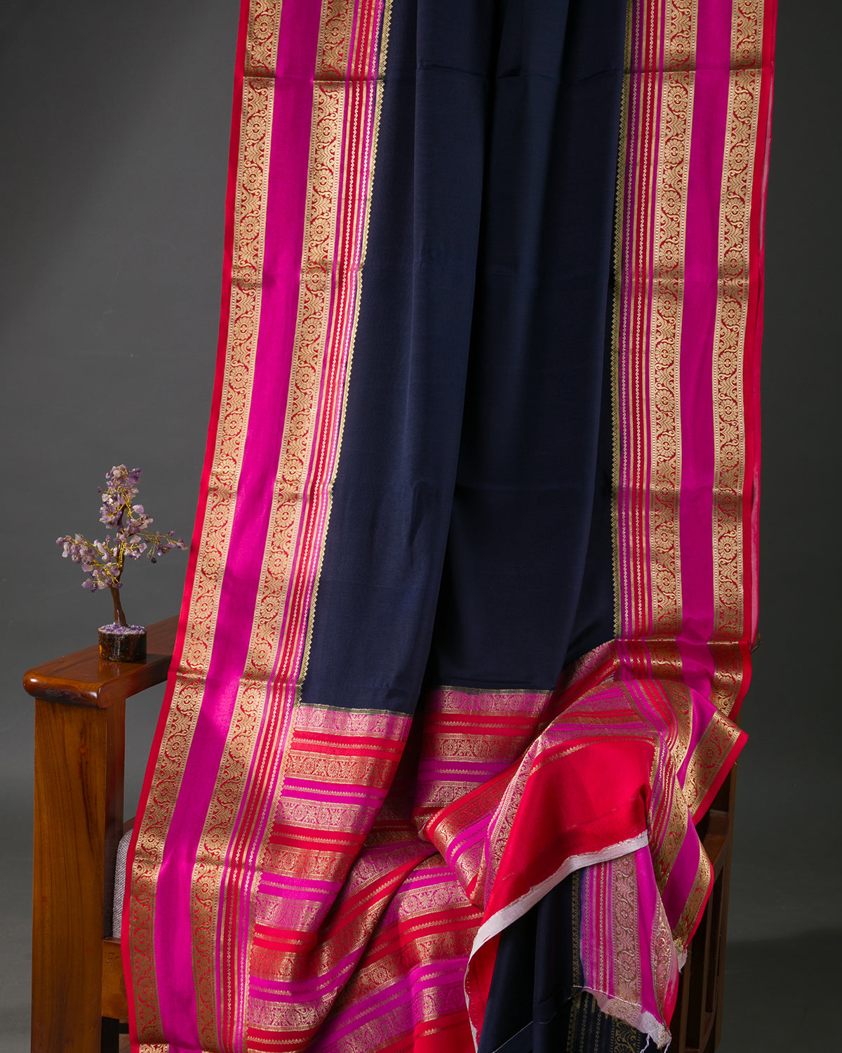 Royal Dye - Navy Blue and Rani Pink Mysore Crepe Silk Saree