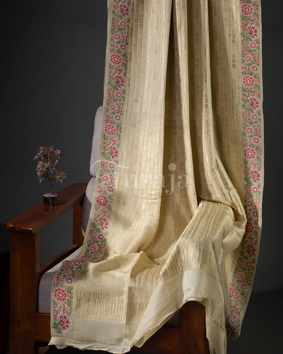 Floral Grid: Off White Mysore Crepe Silk Saree