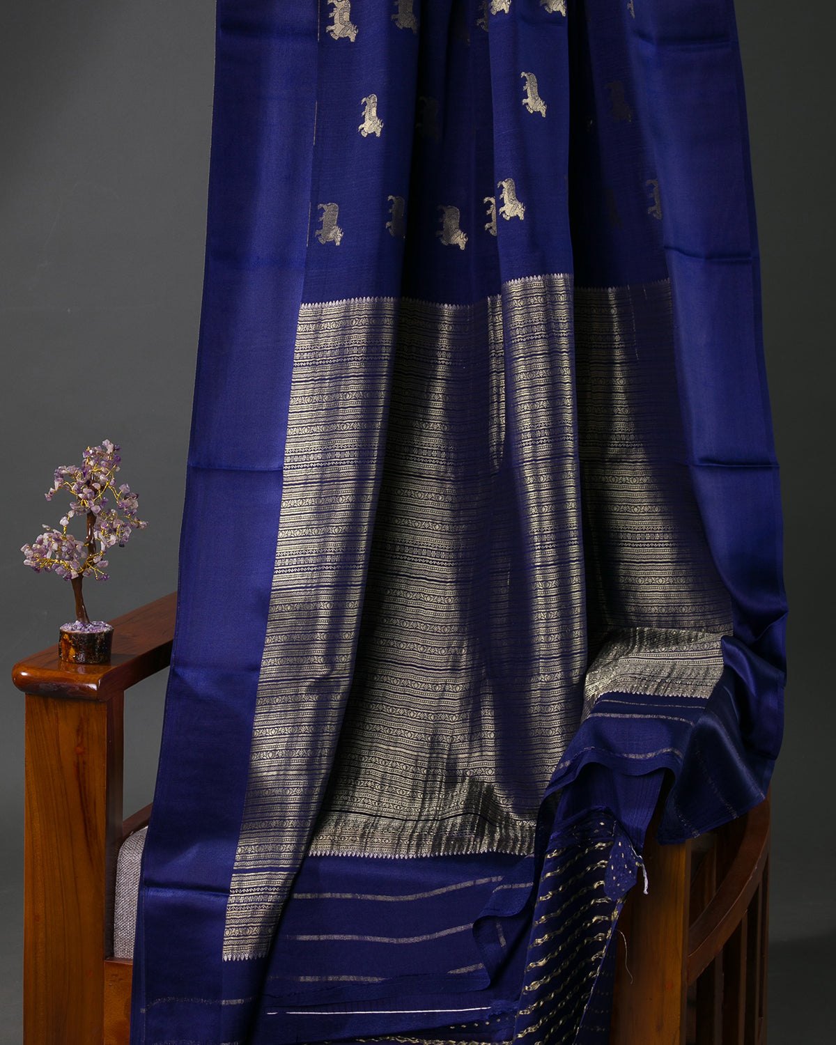 Pichwai - Navy Blue Mysore Crepe Silk Saree