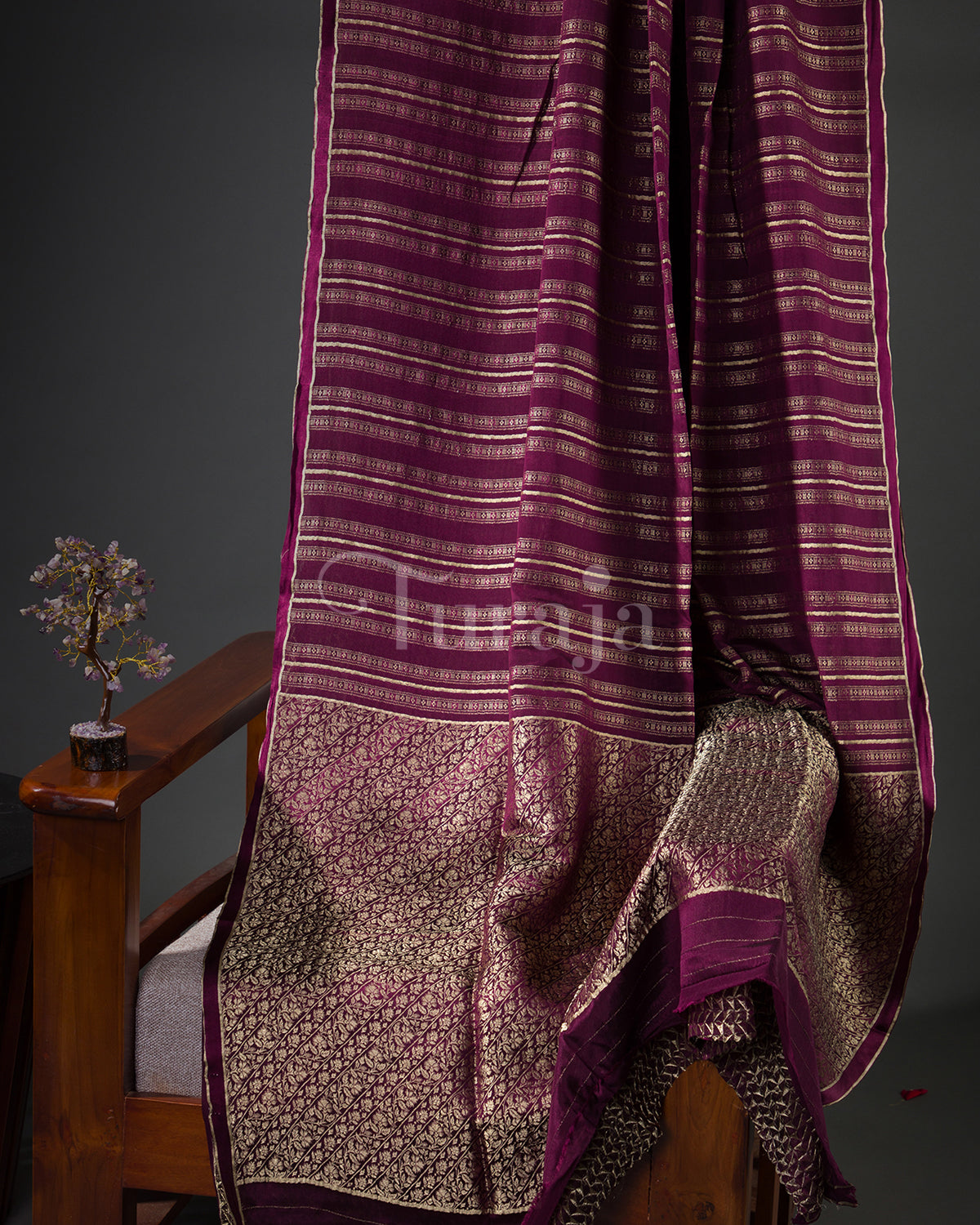 Stripes & Satin: Wine Mysore Crepe Silk Saree - view2