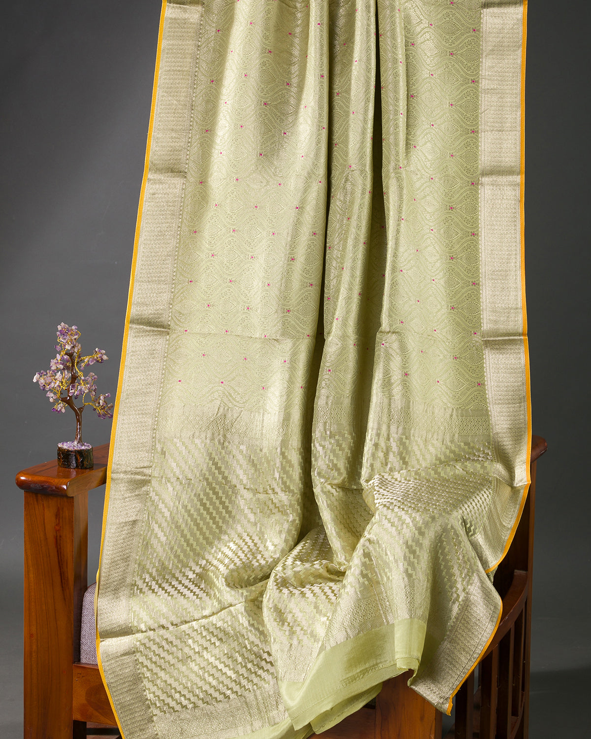 Meenakari Jaal - Pista Green Mysore Crepe Silk Saree