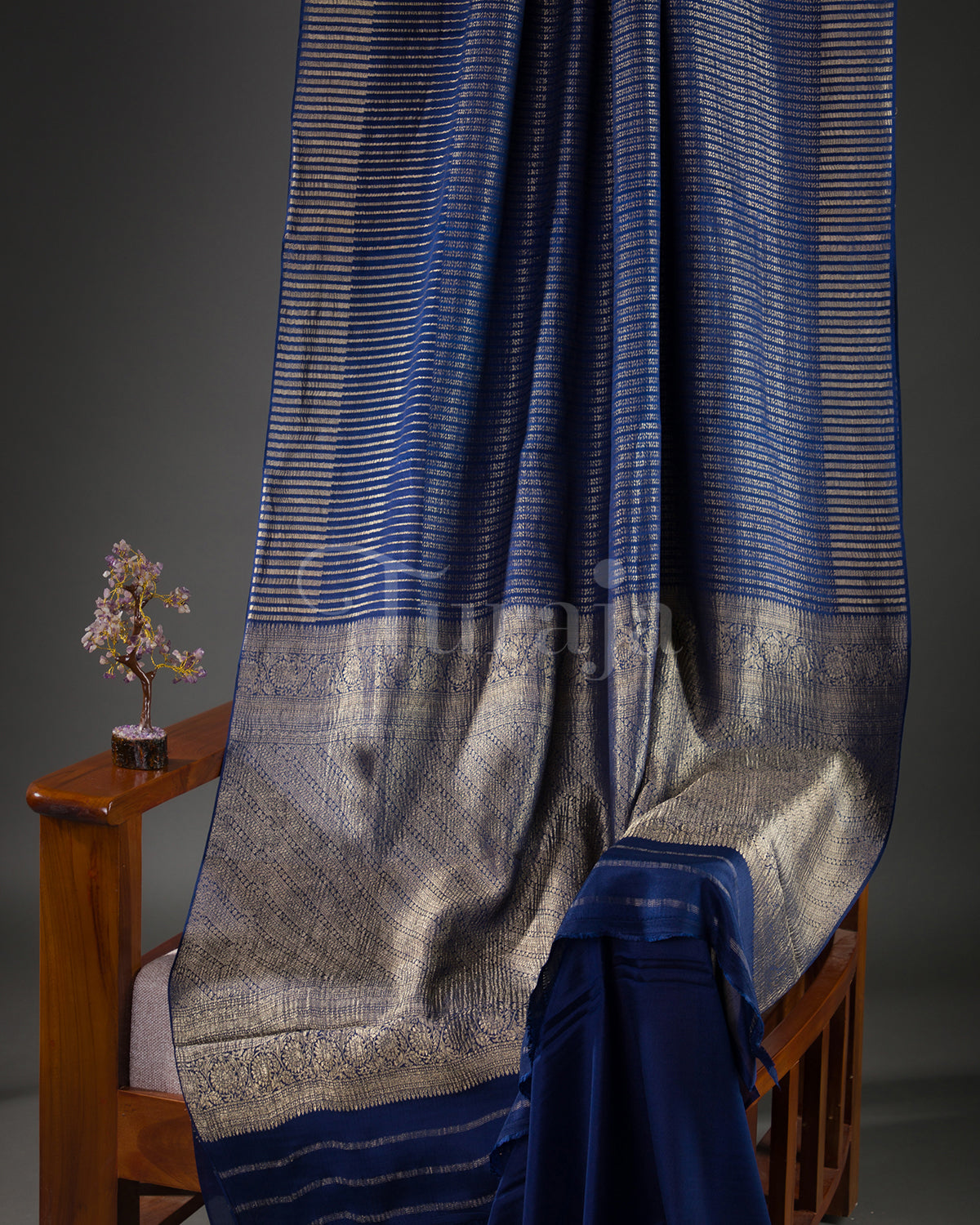 Stripes Saga: Navy Blue Mysore Crepe Silk Saree