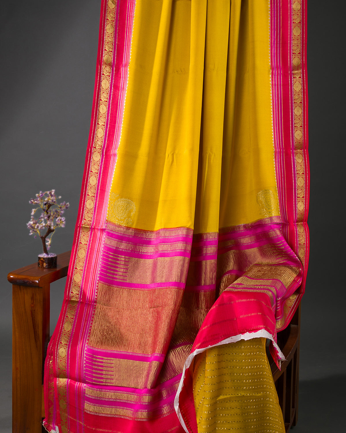 Rangkart - Yellow and Rani Pink Mysore Crepe Silk Saree