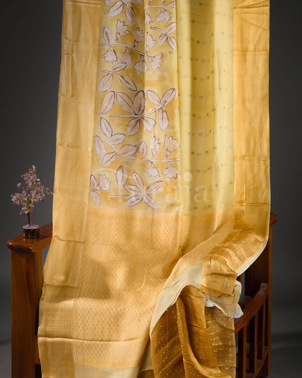 Whispering Bloom: Yellow Mysore Crepe Silk Saree