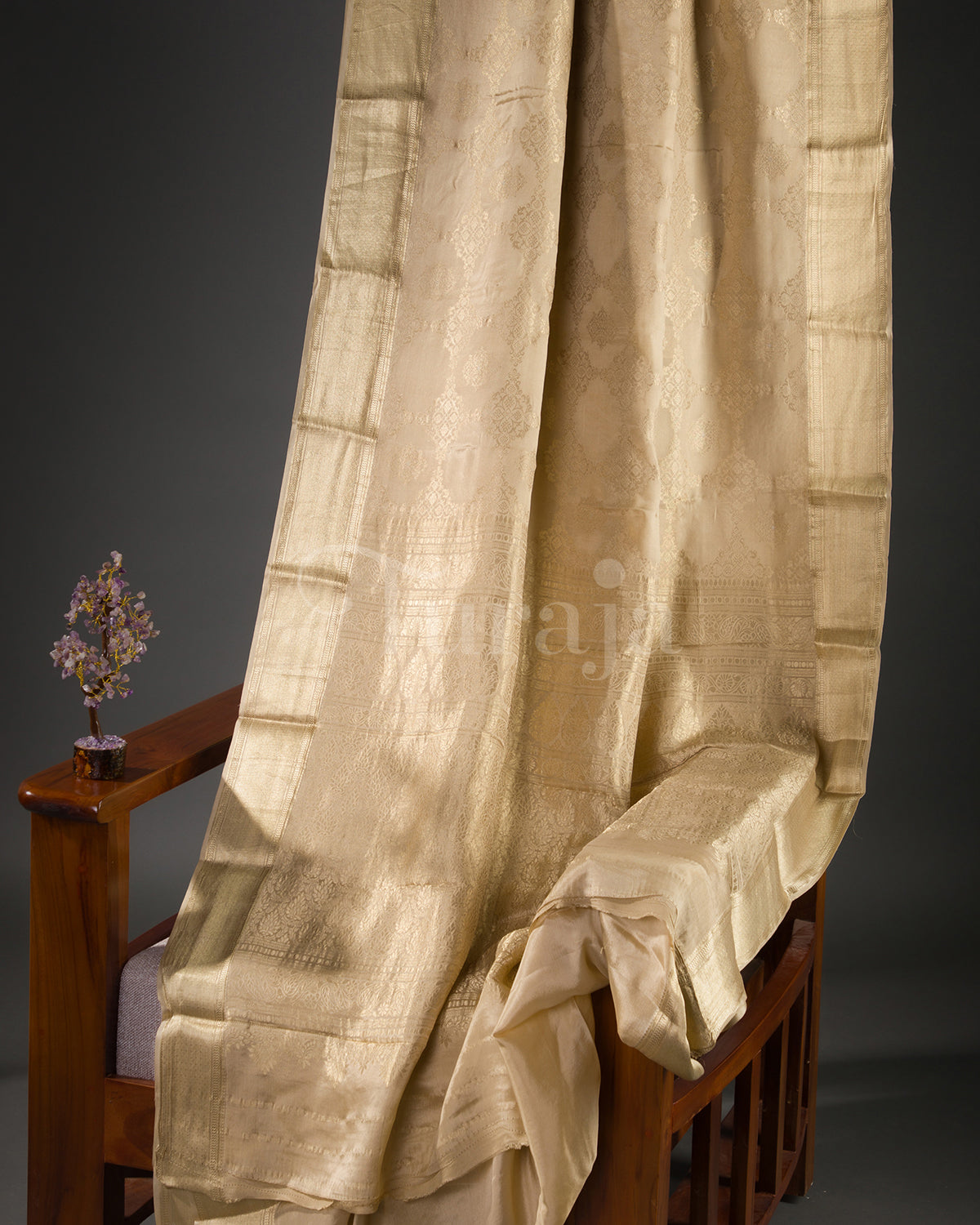 Phoolkari Jaal Brocade: Beige Mysore Crepe Silk Saree