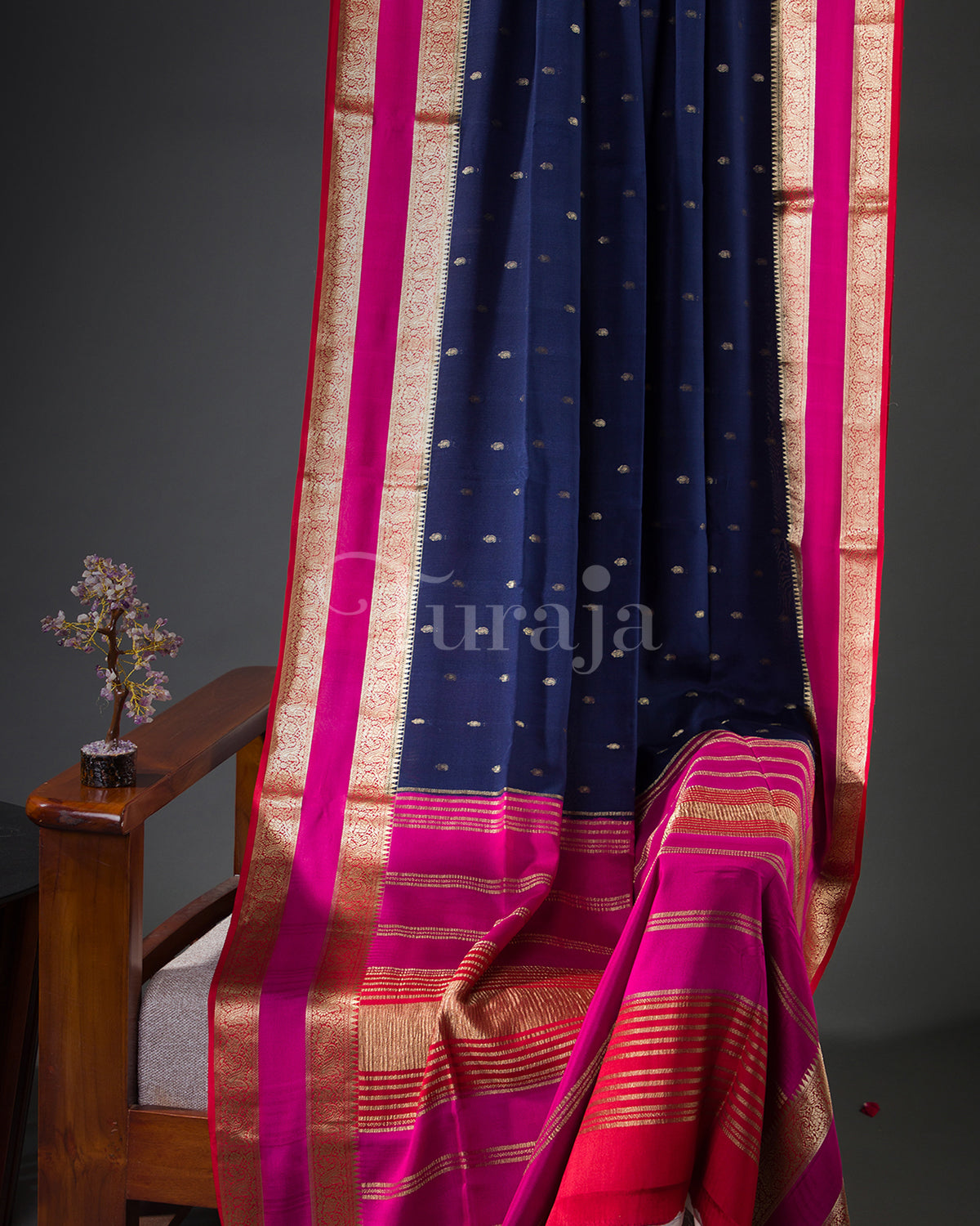 Royal Contrast: Navy Blue & Pink Mysore Crepe Silk Saree