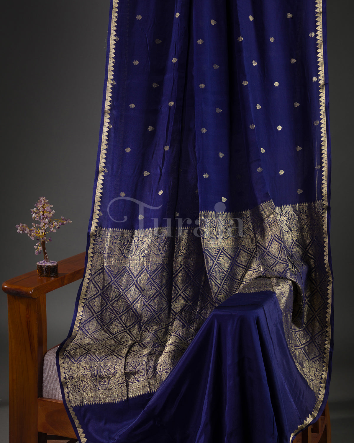Kalga: Navy Blue Mysore Crepe Silk Saree