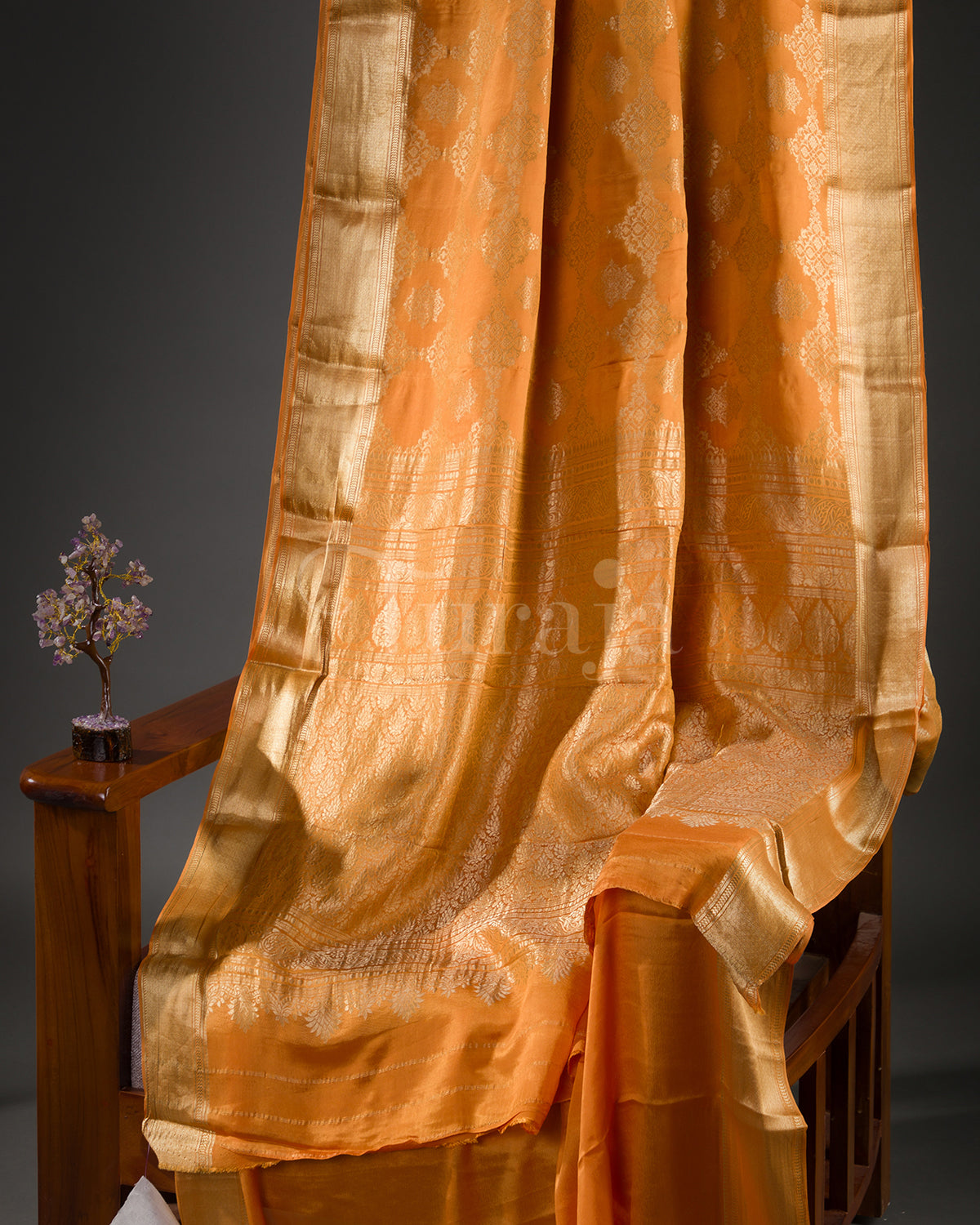 Phoolkari Jaal Brocade: Rust Orange Mysore Crepe Silk Saree