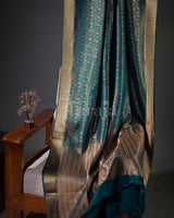 Pati Jaal Brocade: Teal Blue Mysore Crepe Silk Saree-view2