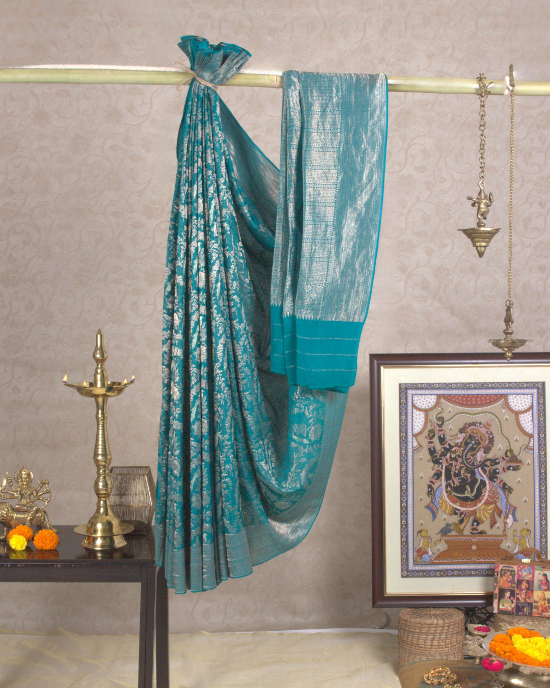 Jangla: Turquoise Blue Brocade Mysore Crepe Silk Saree
