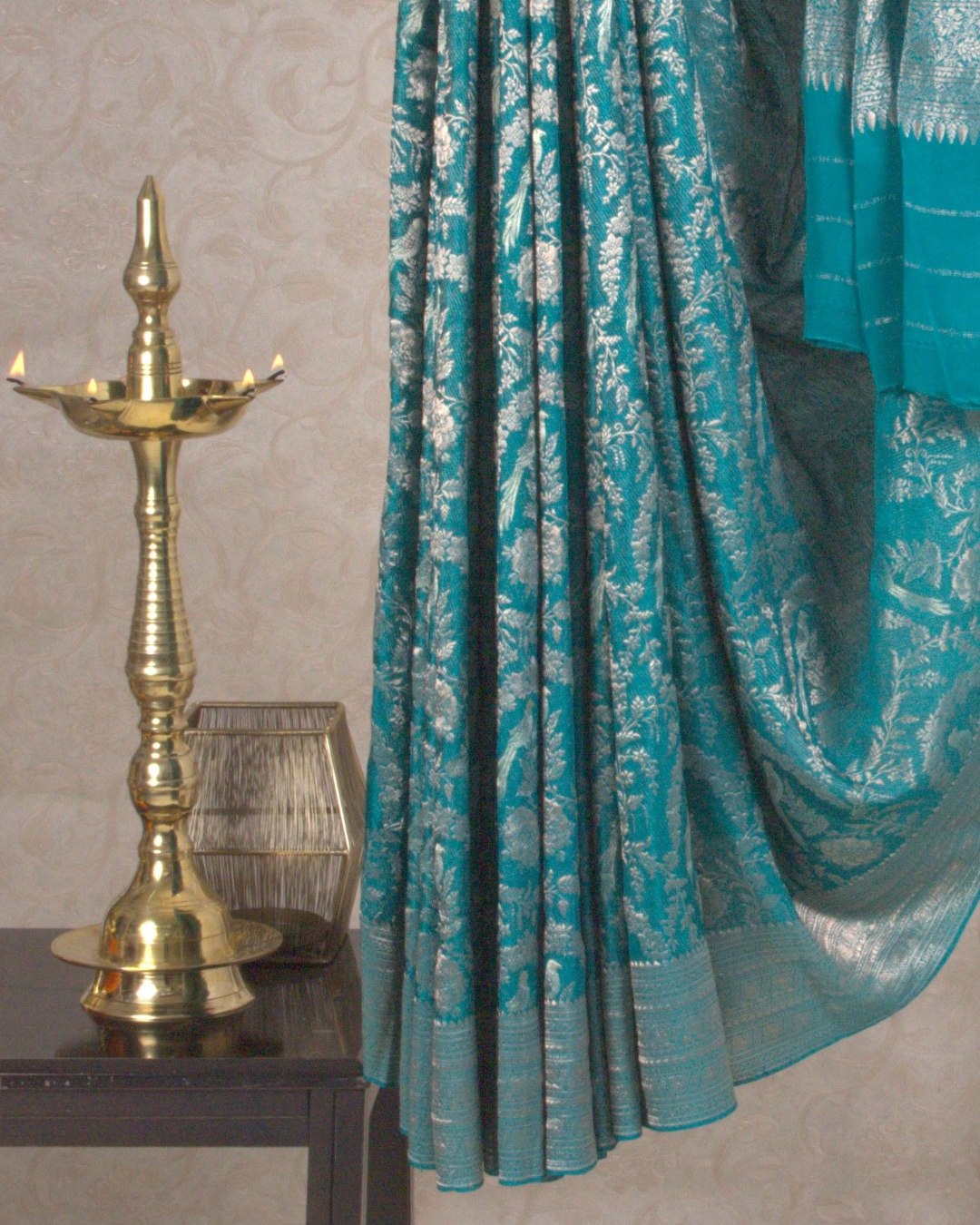 Jangla: Turquoise Blue Brocade Mysore Crepe Silk Saree