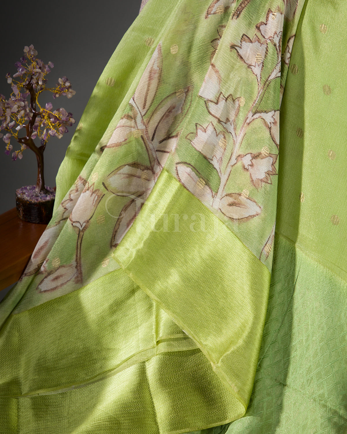 Whispering Bloom: Lime Green Mysore Crepe Silk Saree